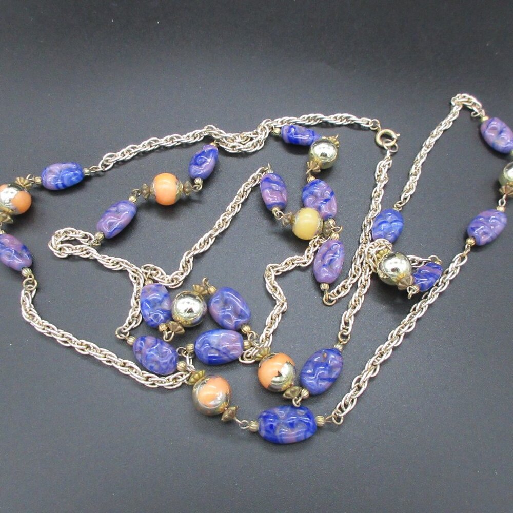 Elegant long silver chain beaded necklace